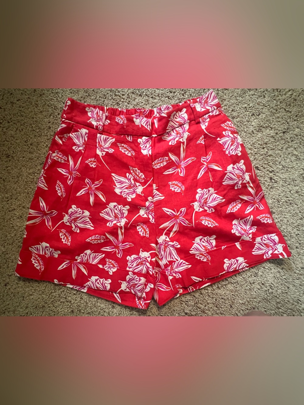 High-Rise Red / pink Floral linen shorts